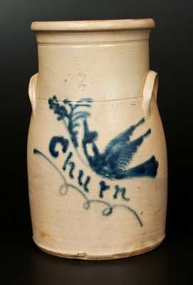 Rare Two-Gallon Stoneware Bird Churn Inscribed "Churn," att. Seymour & Bosworth, Hartford, CT