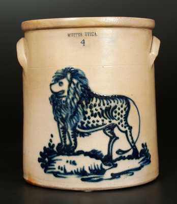 Exceptional WHITES UTICA 4 Gal. Stoneware Crock with Bold Lion Decoration