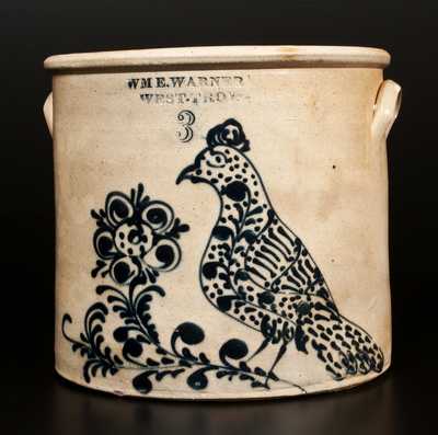 Outstanding WM. E. WARNER / WEST TROY Stoneware Bird Crock w/ Elaborate Design