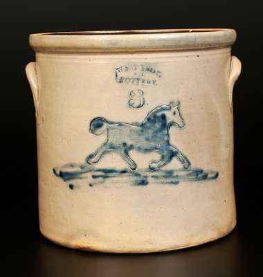 Rare 3 Gal. WEST TROY POTTERY Stoneware Crock with Running Horse Decoration