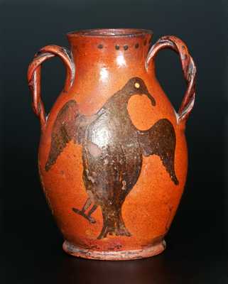 Extremely Rare and Important Redware Vase with Brushed Eagle Decorations and Ornate Twisted Handles