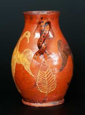 Extremely Rare and Important Redware Vase with Brushed Eagle Decorations and Ornate Twisted Handles