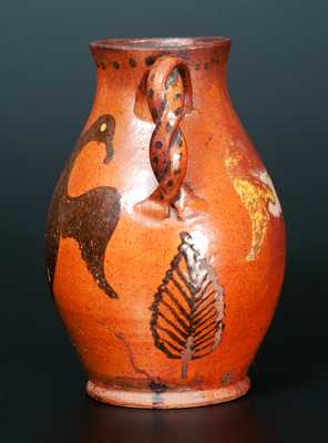 Extremely Rare and Important Redware Vase with Brushed Eagle Decorations and Ornate Twisted Handles