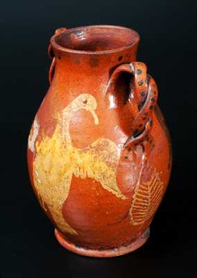 Extremely Rare and Important Redware Vase with Brushed Eagle Decorations and Ornate Twisted Handles