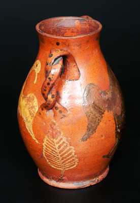 Extremely Rare and Important Redware Vase with Brushed Eagle Decorations and Ornate Twisted Handles