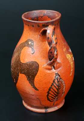 Extremely Rare and Important Redware Vase with Brushed Eagle Decorations and Ornate Twisted Handles