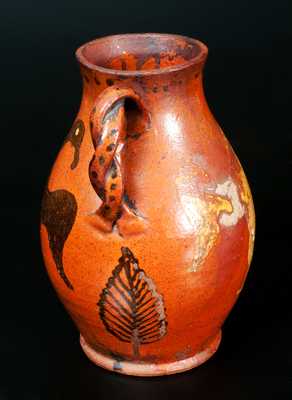 Extremely Rare and Important Redware Vase with Brushed Eagle Decorations and Ornate Twisted Handles