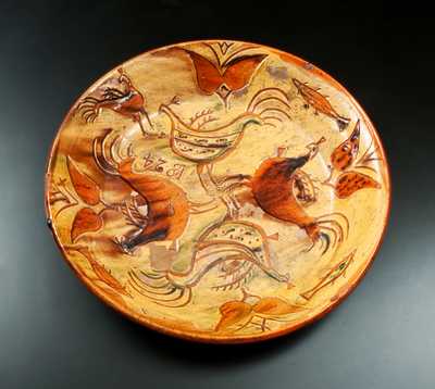Extremely Rare and Imporant 1824 Sgraffito Redware Deep Dish w/ Ornate Hen, Fish and Floral Decoration