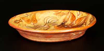 Extremely Rare and Imporant 1824 Sgraffito Redware Deep Dish w/ Ornate Hen, Fish and Floral Decoration