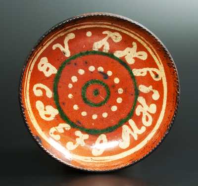 Exceptional Redware Plate w/ Yellow-Slip Alphabet and Yellow and Green Design, Berks County, PA