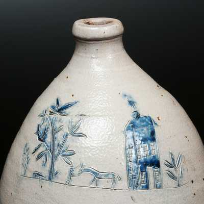Very Unusual Ovoid Stoneware Jug with Incised House, Man, Horse and Tree Scene