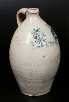 Very Unusual Ovoid Stoneware Jug with Incised House, Man, Horse and Tree Scene