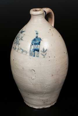 Very Unusual Ovoid Stoneware Jug with Incised House, Man, Horse and Tree Scene