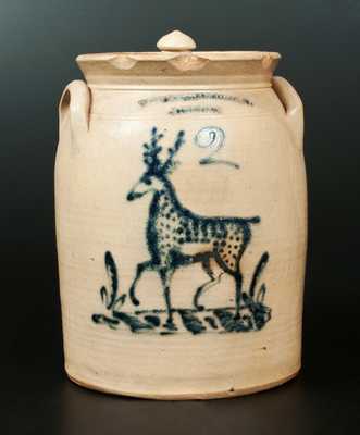 Very Rare T. HARRINGTON / LYONS Stoneware 2 Gal. Stoneware Lidded Jar with Deer Decoration