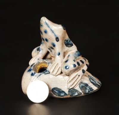 Very Fine Stoneware Frog Inkwell with Cobalt Highlights Signed 
