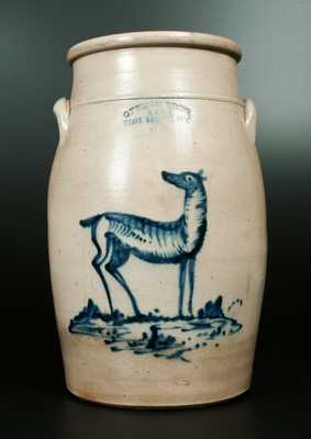 Rare OTTMAN BROS. / FORT EDWARD, NY Stoneware Churn with Standing Doe Decoration