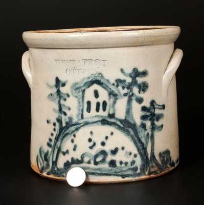 Rare 1/2 Gal. WEST TROY POTTERY Stoneware Crock with House Scene