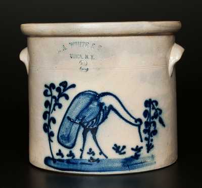 Rare 2 Gal. N. A. WHITE & SON / UTICA, NY Stoneware Crock with Great Blue Heron Decoration