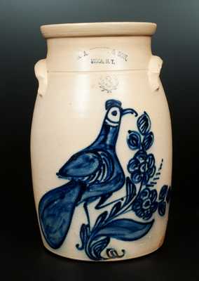 Exceptional N. A. WHITE & SON / UTICA, NY Stoneware Churn with Elaborate Paddletail Bird Decoration