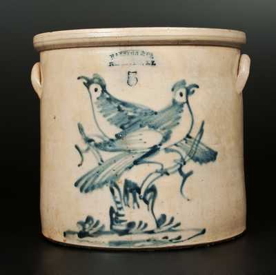 5 Gal. HAXSTUN & CO. / FORT EDWARD, NY Stoneware Crock with Double-Bird-on-Stump Decoration