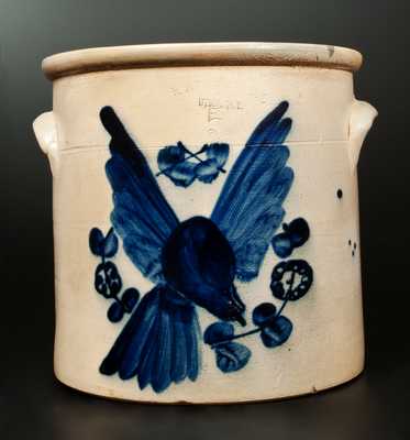 Rare N. A. WHITE & SON / UTICA, NY Stoneware Flying Bird in Wreath Crock