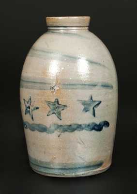 Rare Western PA Narrow-Mouthed Stoneware Canning Jar with Stenciled Stars and Brushed Stripes