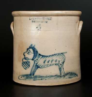 4 Gal. LAMSON & SWASEY / PORTLAND,ME Stoneware Crock with Unusual Dog-and-Basket Decoration