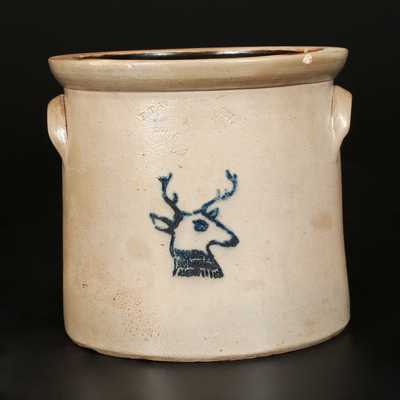 Rare F. T. WRIGHT / TAUNTON, MASS. 2 Gal. Stoneware Crock with Stenciled Stag s Head Decoration