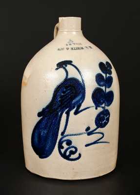 2 Gal. N. A. WHITE & SON / UTICA, NY Stoneware Jug w/ Paddletail Bird and Upside-Down Maker's Mark