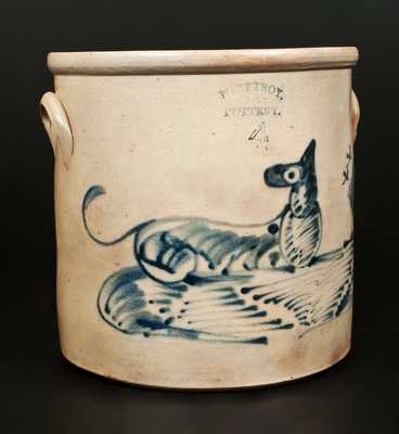 4 Gal. WEST TROY POTTERY Stoneware Crock with Reclining Dog Decoration