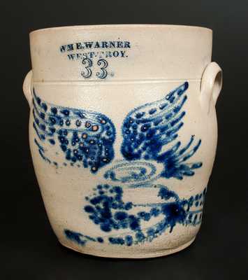 3 Gal. WM. E. WARNER / WEST TROY Stoneware Crock with Elaborate Flying Eagle Decoration