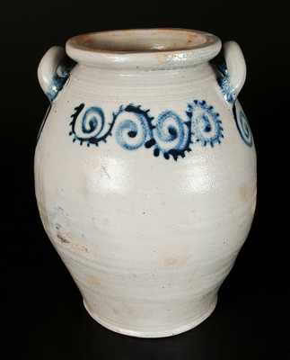 Loop-Handled Stoneware Jar with Watchspring Decoration, Abraham Mead, Greenwich, CT c1790