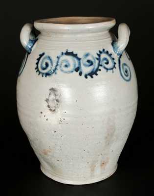 Loop-Handled Stoneware Jar with Watchspring Decoration, Abraham Mead, Greenwich, CT c1790