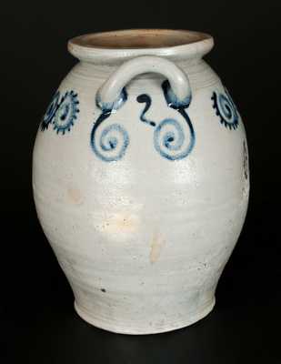 Loop-Handled Stoneware Jar with Watchspring Decoration, Abraham Mead, Greenwich, CT c1790