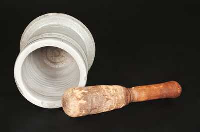 Unusual Stoneware Mortar with Wooden Pestle, Abraham Mead, Greenwich, Connecticut, c1790