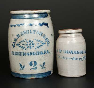 Lot of Two: JAS. HAMILTON & CO. / GREENSBORO, PA, A. P. DONAGHHO / PARKERSBURG, WV Jars