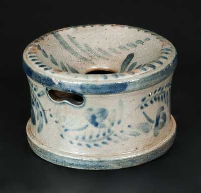 Small-Sized Western PA Stoneware Spittoon with Elaborate Brushed Floral Decoration
