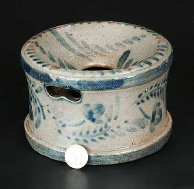 Small-Sized Western PA Stoneware Spittoon with Elaborate Brushed Floral Decoration