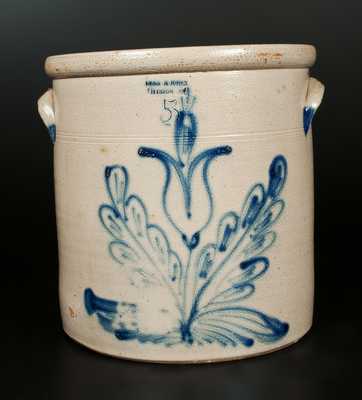 5 Gal. EVAN R. JONES / PITTSTON, PA Stoneware Crock with Unusual Slip-Trailed Decoration