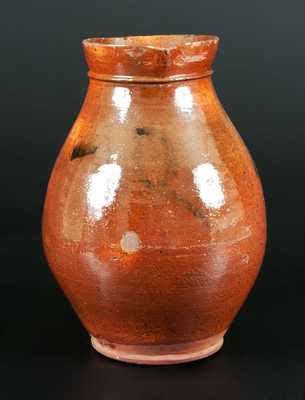 Ovoid Lead-Glazed Redware Pitcher with Copper Leaf Decoration