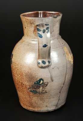 1 Gal. Stoneware Pitcher with Brushed Floral Decoration and Striped Handle, Midwestern, c1850