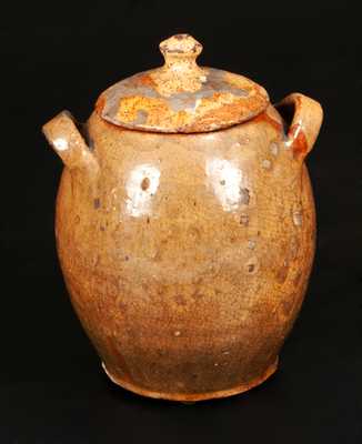 Lidded Redware Jar with Yellow-Slip Coating and Strap Handles