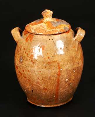 Lidded Redware Jar with Yellow-Slip Coating and Strap Handles