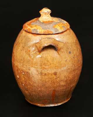 Lidded Redware Jar with Yellow-Slip Coating and Strap Handles