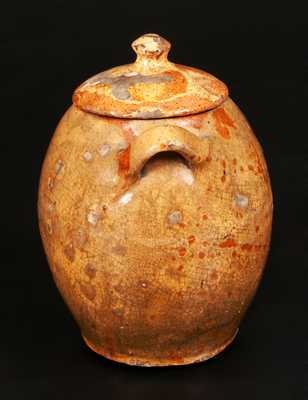 Lidded Redware Jar with Yellow-Slip Coating and Strap Handles