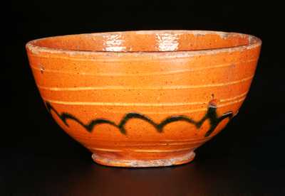 Small Redware Bowl with Yellow and Green Slip Decoration, early 19th Century