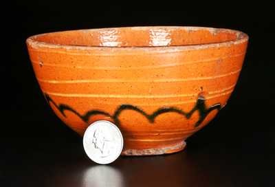 Small Redware Bowl with Yellow and Green Slip Decoration, early 19th Century