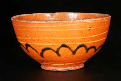 Small Redware Bowl with Yellow and Green Slip Decoration, early 19th Century
