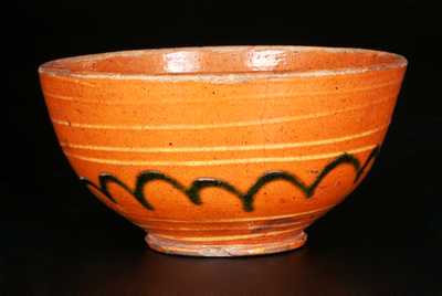 Small Redware Bowl with Yellow and Green Slip Decoration, early 19th Century