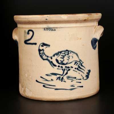 Very Rare LYONS 2 Gal. Stoneware Crock with Slip-Trailed Turkey Decoration